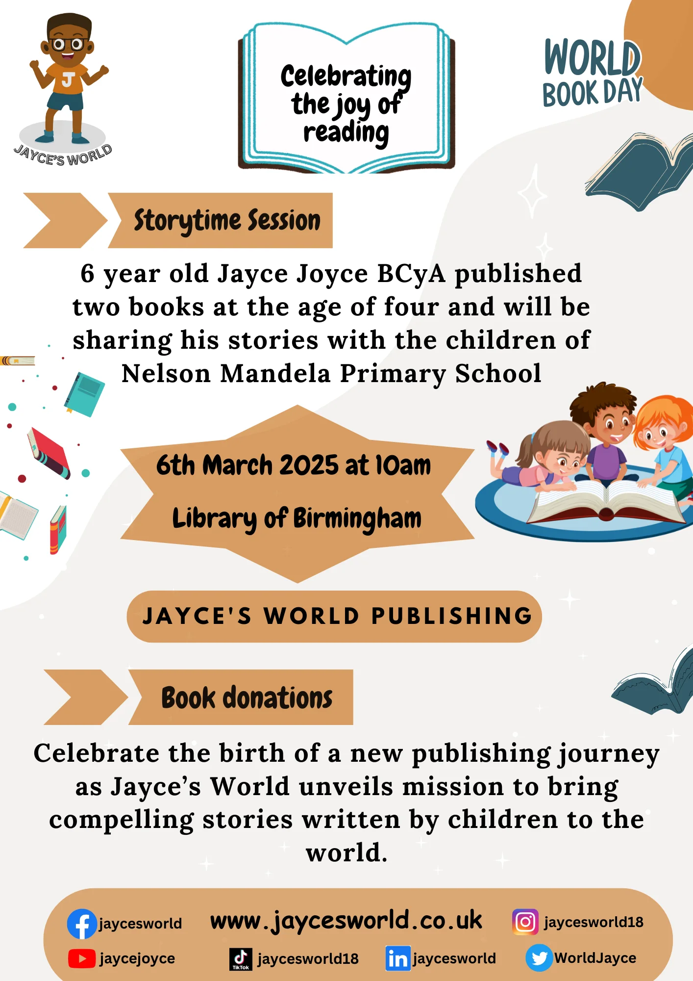 World Book Day 2025 event flyer — Jayce's World storytime sessions