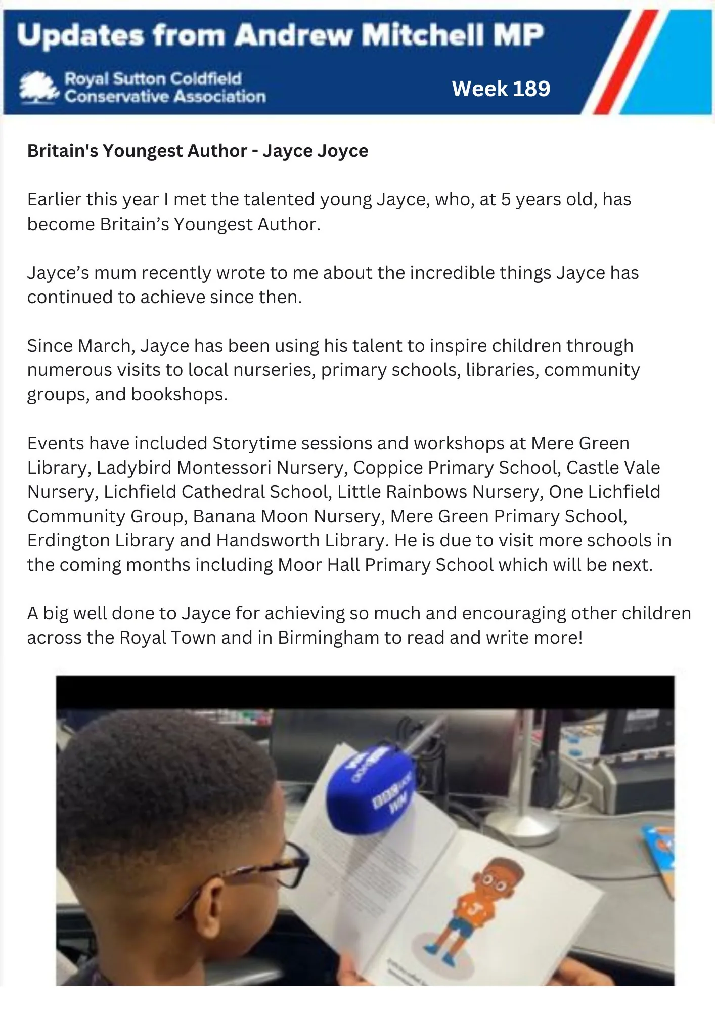 Andrew Mitchell MP weekly update referencing Jayce Joyce BCyA — Week 189
