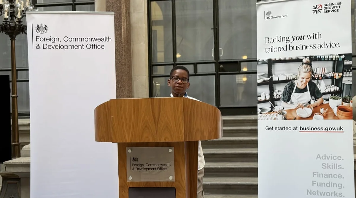 Jayce Joyce speaking at the Foreign, Commonwealth & Development Office podium in London
